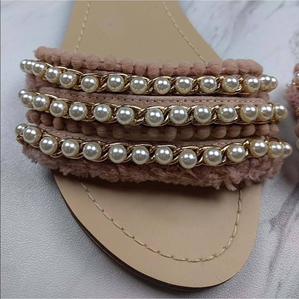 Shoe Dazzle Pink Pearl Ribbon Tie Ankle Straps Women’s Sandals Slippers